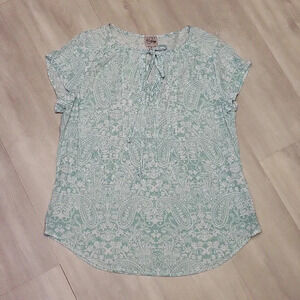 Como Vintage Teal White Paisely Short Sleeve Tie Front Womens Blouse Size M‎